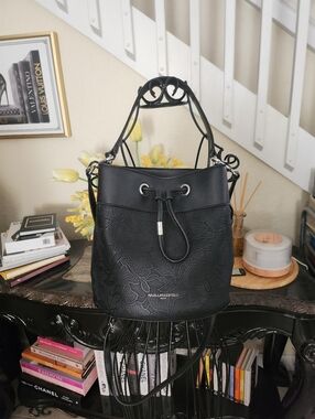 Karl Lagerfeld Paris Black Lace Embossed Adele Bucket Bag